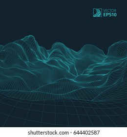 
Abstract vector wireframe landscape background. Cyberspace grid. 3D wire frame surrounding.  3d technology wireframe vector illustration. Digital landscape for presentations . Polygonal surface.
