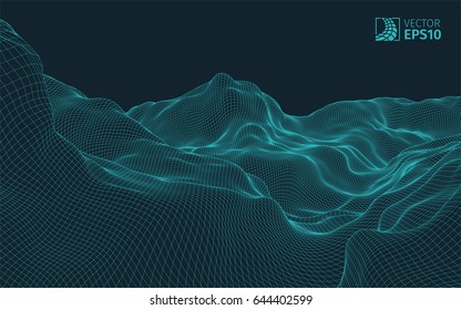 
Abstract vector wireframe landscape background. Cyberspace grid. 3D wire frame surrounding.  3d technology wireframe vector illustration. Digital landscape for presentations . Polygonal surface.

