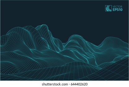 
Abstract vector wireframe landscape background. Cyberspace grid. 3D wire frame surrounding.  3d technology wireframe vector illustration. Digital landscape for presentations . Polygonal surface.
