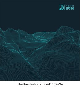 
Abstract vector wireframe landscape background. Cyberspace grid. 3D wire frame surrounding.  3d technology wireframe vector illustration. Digital landscape for presentations . Polygonal surface.
