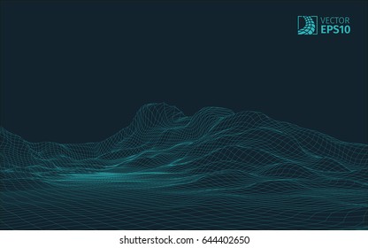
Abstract vector wireframe landscape background. Cyberspace grid. 3D wire frame surrounding.  3d technology wireframe vector illustration. Digital landscape for presentations . Polygonal surface.

