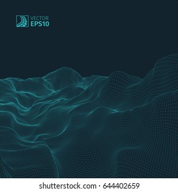 
Abstract vector wireframe landscape background. Cyberspace grid. 3D wire frame surrounding.  3d technology wireframe vector illustration. Digital landscape for presentations . Polygonal surface.
