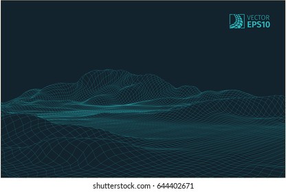 
Abstract vector wireframe landscape background. Cyberspace grid. 3D wire frame surrounding.  3d technology wireframe vector illustration. Digital landscape for presentations . Polygonal surface.
