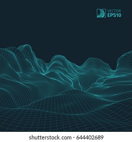 
Abstract vector wireframe landscape background. Cyberspace grid. 3D wire frame surrounding.  3d technology wireframe vector illustration. Digital landscape for presentations . Polygonal surface.
