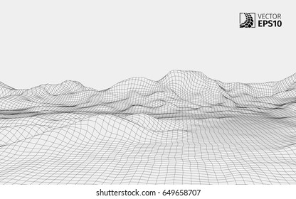 Abstract vector wireframe landscape background. Cyberspace grid. 3D wire frame surrounding.  3d technology wireframe vector illustration. Digital landscape for presentations . Polygonal surface.