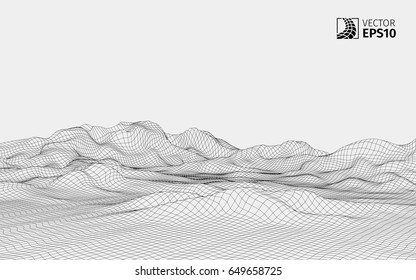 Abstract vector wireframe landscape background. Cyberspace grid. 3D wire frame surrounding.  3d technology wireframe vector illustration. Digital landscape for presentations . Polygonal surface.