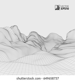 Abstract vector wireframe landscape background. Cyberspace grid. 3D wire frame surrounding.  3d technology wireframe vector illustration. Digital landscape for presentations . Polygonal surface.