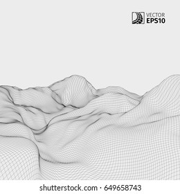 Abstract vector wireframe landscape background. Cyberspace grid. 3D wire frame surrounding.  3d technology wireframe vector illustration. Digital landscape for presentations . Polygonal surface.