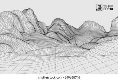Abstract vector wireframe landscape background. Cyberspace grid. 3D wire frame surrounding.  3d technology wireframe vector illustration. Digital landscape for presentations . Polygonal surface.