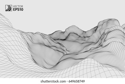 Abstract vector wireframe landscape background. Cyberspace grid. 3D wire frame surrounding.  3d technology wireframe vector illustration. Digital landscape for presentations . Polygonal surface.