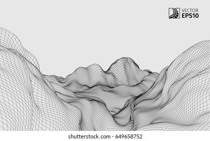 Abstract vector wireframe landscape background. Cyberspace grid. 3D wire frame surrounding.  3d technology wireframe vector illustration. Digital landscape for presentations . Polygonal surface.