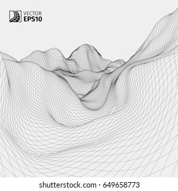 Abstract vector wireframe landscape background. Cyberspace grid. 3D wire frame surrounding.  3d technology wireframe vector illustration. Digital landscape for presentations . Polygonal surface.