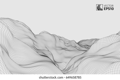 Abstract vector wireframe landscape background. Cyberspace grid. 3D wire frame surrounding.  3d technology wireframe vector illustration. Digital landscape for presentations . Polygonal surface.