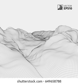Abstract vector wireframe landscape background. Cyberspace grid. 3D wire frame surrounding.  3d technology wireframe vector illustration. Digital landscape for presentations . Polygonal surface.