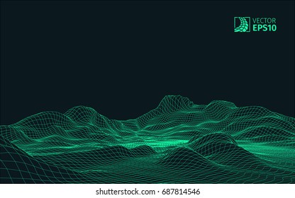 Abstract vector wireframe landscape background. Cyberspace grid. 3D wire frame surrounding.  3d technology wireframe vector illustration. Digital landscape for presentations . Polygonal surface.