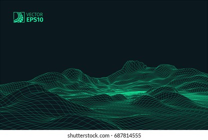 Abstract vector wireframe landscape background. Cyberspace grid. 3D wire frame surrounding.  3d technology wireframe vector illustration. Digital landscape for presentations . Polygonal surface.