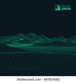 Abstract vector wireframe landscape background. Cyberspace grid. 3D wire frame surrounding.  3d technology wireframe vector illustration. Digital landscape for presentations . Polygonal surface.