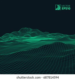 Abstract vector wireframe landscape background. Cyberspace grid. 3D wire frame surrounding.  3d technology wireframe vector illustration. Digital landscape for presentations . Polygonal surface.