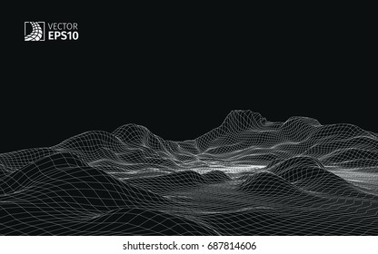 Abstract vector wireframe landscape background. Cyberspace grid. 3D wire frame surrounding.  3d technology wireframe vector illustration. Digital landscape for presentations . Polygonal surface.