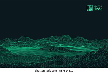 Abstract vector wireframe landscape background. Cyberspace grid. 3D wire frame surrounding.  3d technology wireframe vector illustration. Digital landscape for presentations . Polygonal surface.