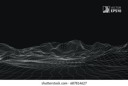 Abstract vector wireframe landscape background. Cyberspace grid. 3D wire frame surrounding.  3d technology wireframe vector illustration. Digital landscape for presentations . Polygonal surface.