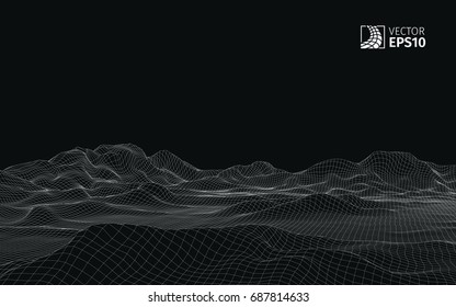 Abstract vector wireframe landscape background. Cyberspace grid. 3D wire frame surrounding.  3d technology wireframe vector illustration. Digital landscape for presentations . Polygonal surface.