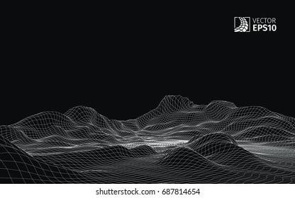 Abstract vector wireframe landscape background. Cyberspace grid. 3D wire frame surrounding.  3d technology wireframe vector illustration. Digital landscape for presentations . Polygonal surface.