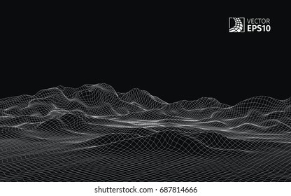 Abstract vector wireframe landscape background. Cyberspace grid. 3D wire frame surrounding.  3d technology wireframe vector illustration. Digital landscape for presentations . Polygonal surface.