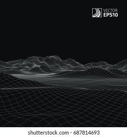Abstract vector wireframe landscape background. Cyberspace grid. 3D wire frame surrounding.  3d technology wireframe vector illustration. Digital landscape for presentations . Polygonal surface.