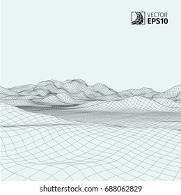 Abstract vector wireframe landscape background. Cyberspace grid. 3D wire frame surrounding.  3d technology wireframe vector illustration. Digital landscape for presentations . Polygonal surface.