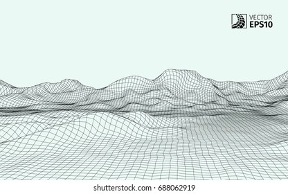 Abstract vector wireframe landscape background. Cyberspace grid. 3D wire frame surrounding.  3d technology wireframe vector illustration. Digital landscape for presentations . Polygonal surface.