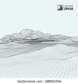 Abstract vector wireframe landscape background. Cyberspace grid. 3D wire frame surrounding.  3d technology wireframe vector illustration. Digital landscape for presentations . Polygonal surface.