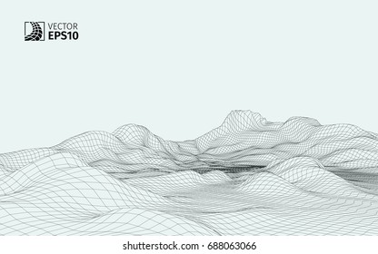 Abstract vector wireframe landscape background. Cyberspace grid. 3D wire frame surrounding.  3d technology wireframe vector illustration. Digital landscape for presentations . Polygonal surface.