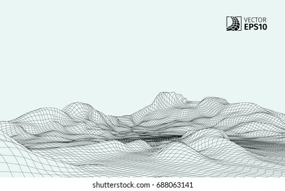 Abstract vector wireframe landscape background. Cyberspace grid. 3D wire frame surrounding.  3d technology wireframe vector illustration. Digital landscape for presentations . Polygonal surface.
