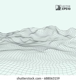 Abstract vector wireframe landscape background. Cyberspace grid. 3D wire frame surrounding.  3d technology wireframe vector illustration. Digital landscape for presentations . Polygonal surface.
