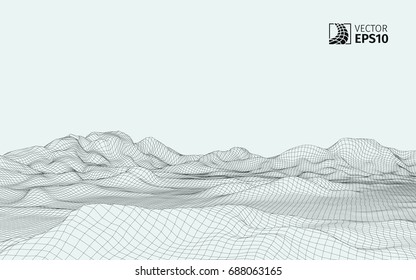 Abstract vector wireframe landscape background. Cyberspace grid. 3D wire frame surrounding.  3d technology wireframe vector illustration. Digital landscape for presentations . Polygonal surface.