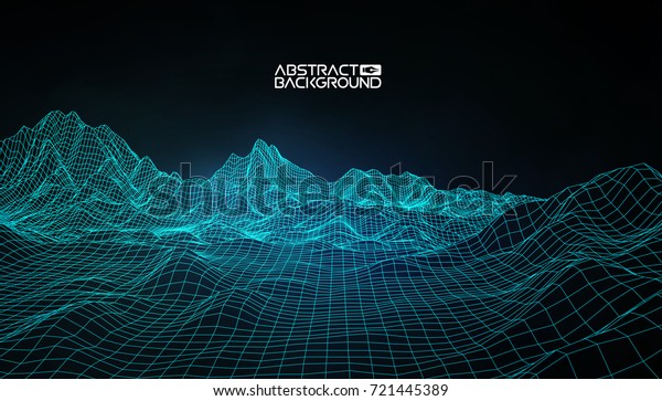 抽象的なベクター画像ワイヤフレームの横の背景 サイバースペースグリッド 3dテクノロジーのワイヤフレームベクターイラスト プレゼンテーション用のデジタルワイヤフレームの横長 のベクター画像素材 ロイヤリティフリー