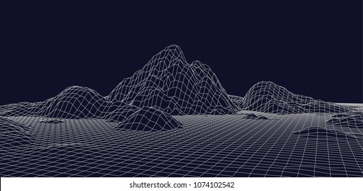 Abstract vector wireframe landscape. Abstract mesh landscapes. Polygonal mountains. Vector illustration.
