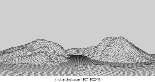 Abstract vector wireframe landscape. Abstract mesh landscapes. Polygonal mountains. Vector illustration.