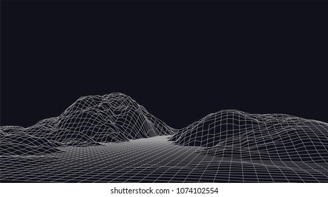 Abstract vector wireframe landscape. Abstract mesh landscapes. Polygonal mountains. Vector illustration.