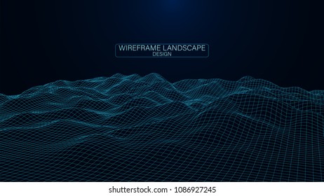 Abstract vector wireframe landscape. Abstract mesh landscapes. Polygonal mountains. Big data. Vector illustration.