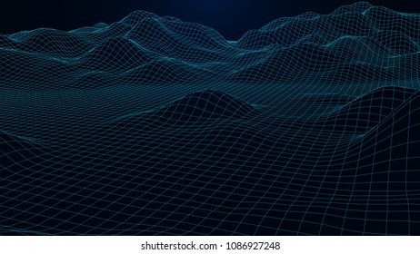 Abstract vector wireframe landscape. Abstract mesh landscapes. Polygonal mountains. Big data. Vector illustration.