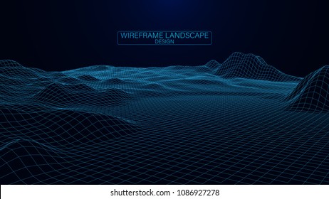 Abstract vector wireframe landscape. Abstract mesh landscapes. Polygonal mountains. Big data. Vector illustration.
