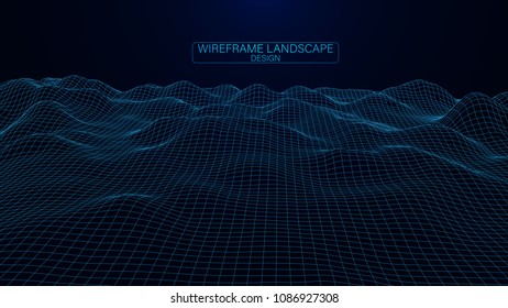 Abstract vector wireframe landscape. Abstract mesh landscapes. Polygonal mountains. Big data. Vector illustration.