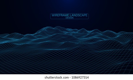 Abstract vector wireframe landscape. Abstract mesh landscapes. Polygonal mountains. Big data. Vector illustration.