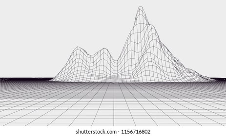 Abstract vector wireframe landscape. Abstract mesh landscapes. Polygonal mountains. Vector illustration.