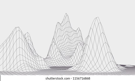 Abstract vector wireframe landscape. Abstract mesh landscapes. Polygonal mountains. Vector illustration.