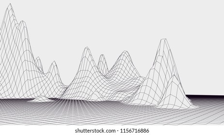 Abstract vector wireframe landscape. Abstract mesh landscapes. Polygonal mountains. Vector illustration.