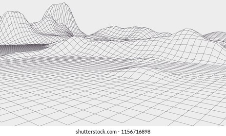 Abstract vector wireframe landscape. Abstract mesh landscapes. Polygonal mountains. Vector illustration.