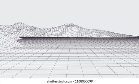 Abstract vector wireframe landscape. Abstract mesh landscapes. Polygonal mountains. Vector illustration.